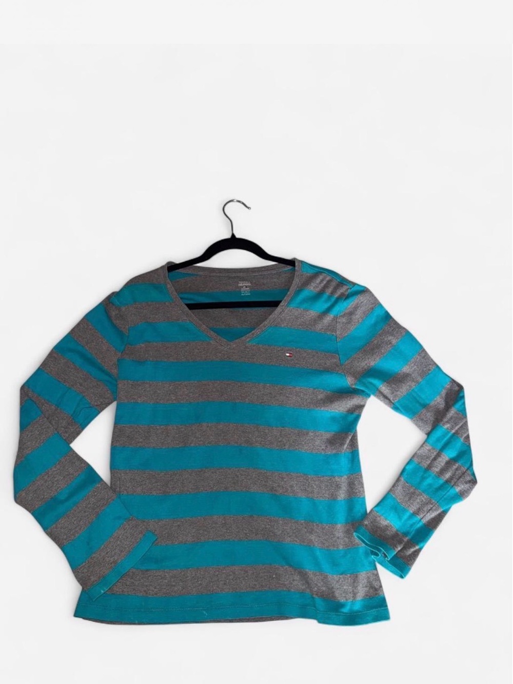 Tommy Hilfiger Teal and Gray Striped V-Neck Long Sleeve Top